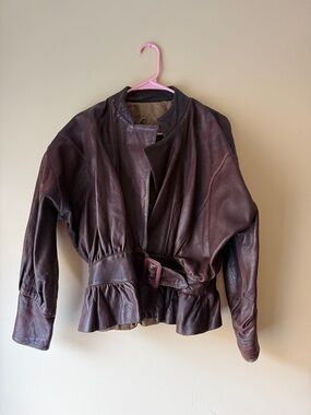 Women's Vintage Leather Belted Jacket - Dark Brown